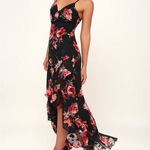 Lulus Love Stuck Black Floral Print Ruffled Maxi Dress, size S